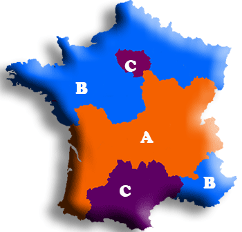 Carte des zônes des vacances scolaires en France